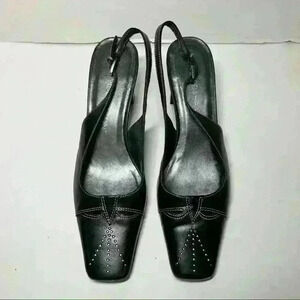HILLARD HANSON Women Slingback Slim Heel Shoes Black Leather Cut Out Sz 6M